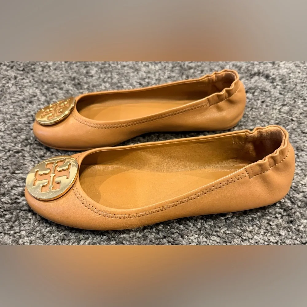 Tory Burch Minnie Travel Ballet Flat In Royal Tan/Gold Sz Womens 6.5